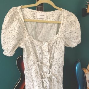 Sleeper Marquise Linen Dress in Micro Polkadot